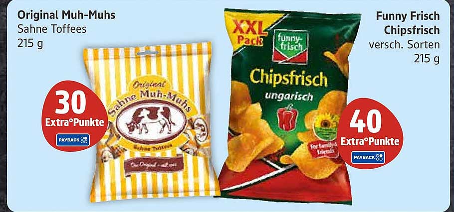 Original Muh-Muhs Sahne Toffees 215 g und Funny Frisch Chipsfrisch 215 g