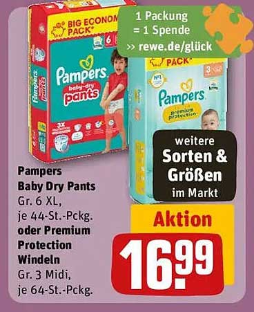 Pampers Baby Dry Pants Gr. 6 XL oder Premium Protection Windeln Gr. 3 Midi