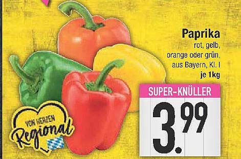 Paprika rot, gelb, orange oder grün aus Bayern, Kl. I je 1 kg