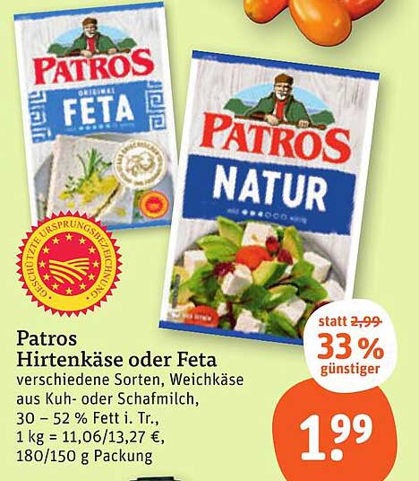 Patros Hirtenkäse oder Feta - 33 % günstiger