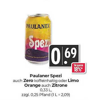 Paulaner Spezi, auch Zero koffeinhaltig oder Limo Orange, auch Zitrone 0,33 L