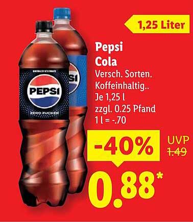 Pepsi Cola 1,25 Liter - Jetzt zugreifen!