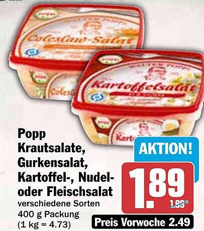 Popp Krautsalate, Gurkensalat, Kartoffel-, Nudel- oder Fleischsalat 400 g Packung