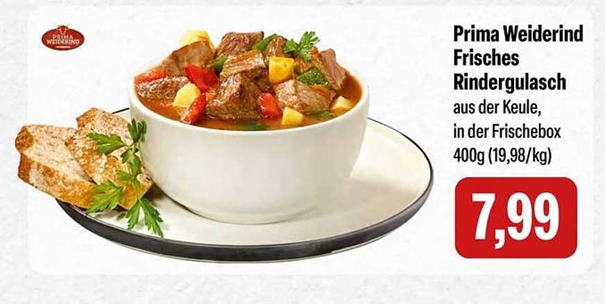 Prima Weiderind Frisches Rindergulasch aus der Keule, in der Frischebox 400g (19,98/kg)