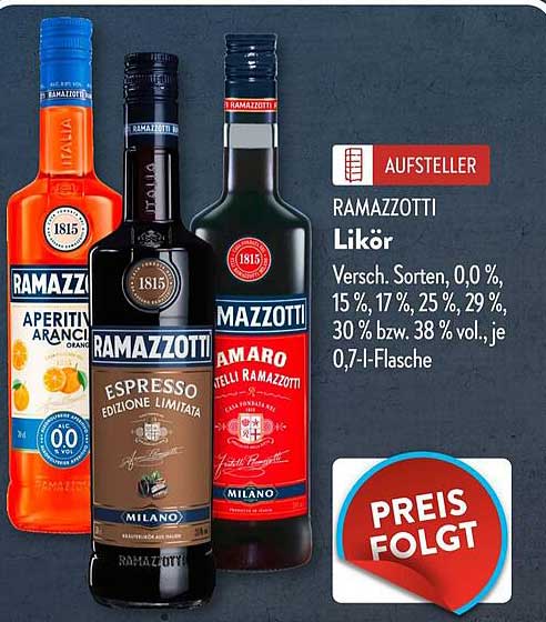 RAMAZZOTTI Likör - Verschiedene Sorten, 0,0 %, 15 %, 17 %, 25 %, 29 %, 30 % bzw. 38 % vol., je 0,7-l-Flasche