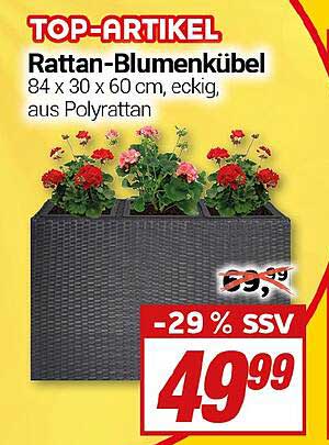 Rattan-Blumenkübel 84 x 30 x 60 cm, eckig, aus Poly Rattan