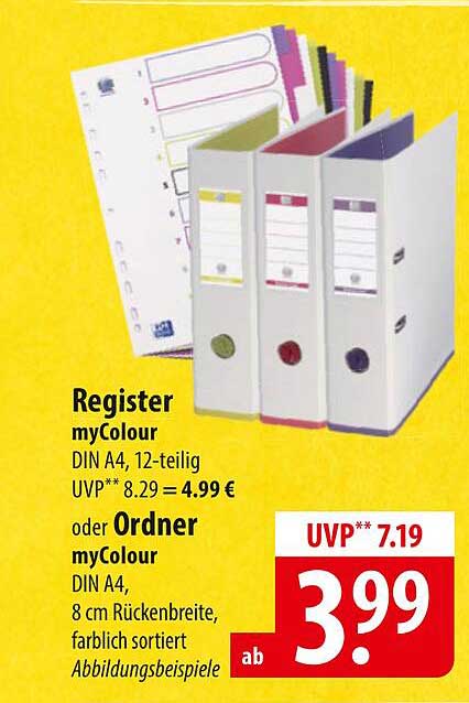Register myColour DIN A4, 12-teilig oder Ordner myColour DIN A4, 8 cm Rückenbreite, farblich sortiert