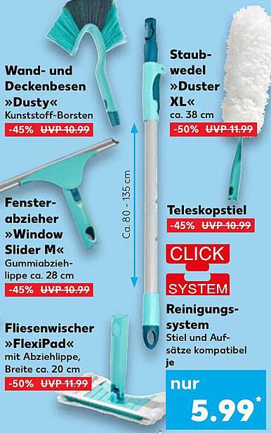 Reinigungsset mit Wand- und Deckenbesen, Staubwedel, Fensterabzieher, Teleskopstiel und Fliesenwischer