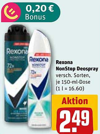 Rexona NonStop Deospray versch. Sorten, je 150-ml-Dose (1 = 16,60)
