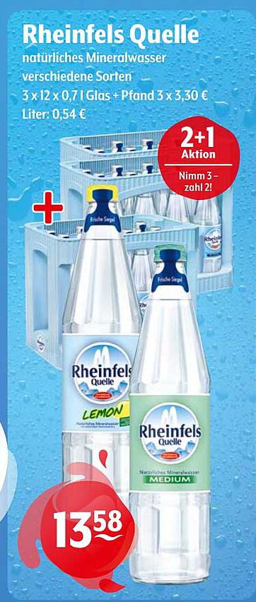 Rheinels Quelle natürliches Mineralwasser verschiedene Sorten 3 x 12 x 0,7 l Glas + Pfand 3 x 3,30 €