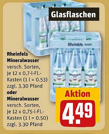 Rheinfels Mineralwasser 12 x 0,7 l-Glas-Kasten oder 12 x 0,75 l-Glas-Kasten