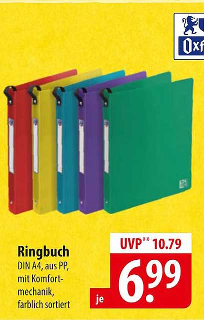 Ringbuch DIN A4, aus PP, mit Komfortmechanik, farblich sortiert