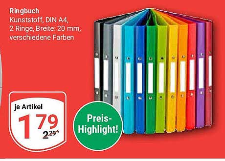 Ringbuch, Kunststoff, DIN A4, 2 Ringe, Breite: 20 mm, verschiedene Farben