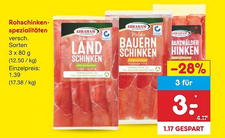 Rohschinken-Spezialitäten 3 x 80 g für nur 3 €