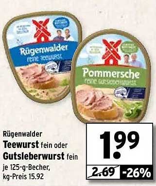 Rügenwalder Teewurst fein oder Gutsleberwurst fein je 125-g-Becher