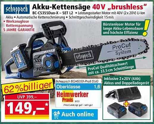 Scheppach Akku-Kettensäge 40V "brushless" BC-CS355Duo-X – SET L2