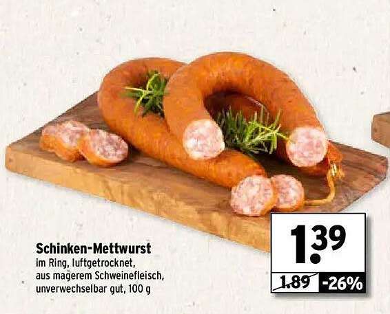 Schinken-Mettwurst im Ring, Luftgetrocknet, 100 g