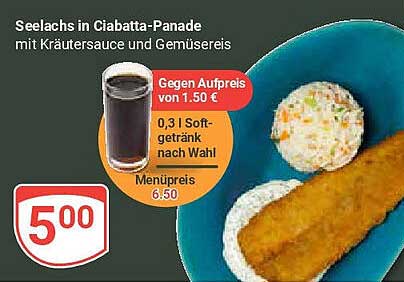 Seelachs in Ciabatta-Panade mit Kräutersauce und Gemüsereis