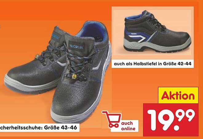 Sicherheitsschuhe in Größe 43–46 und Halbschuhe in Größe 42–44 für 19,99 €