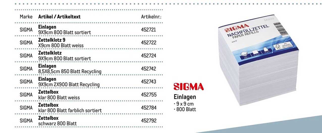 SIGMA Einlagen 9 x 9 cm - 800 Blatt