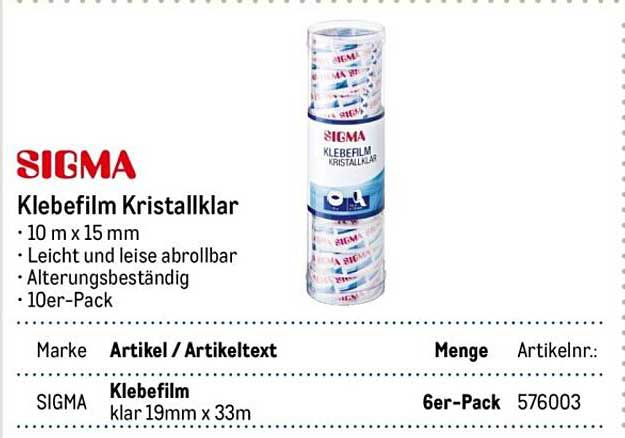 SIGMA Klebefilm Kristallklar 19mm x 33m - 6er-Pack