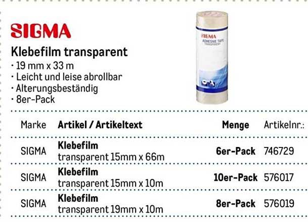 SIGMA Klebefilm transparent 19 mm x 33 m - 8er-Pack