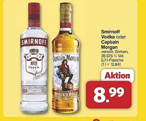 Smirnoff Vodka oder Captain Morgan, 0,7 l Flasche