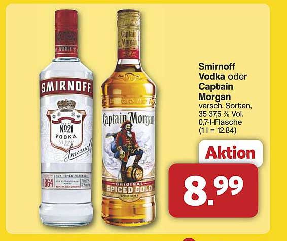 Smirnoff Vodka oder Captain Morgan Spiced Gold 0,7l-Flasche