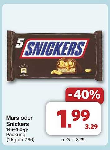 Snickers 5 x 250 g Packung - nur 1,99 € statt 3,29 €