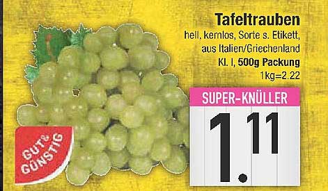 Tafeltrauben hell, kernlos, 500g Packung