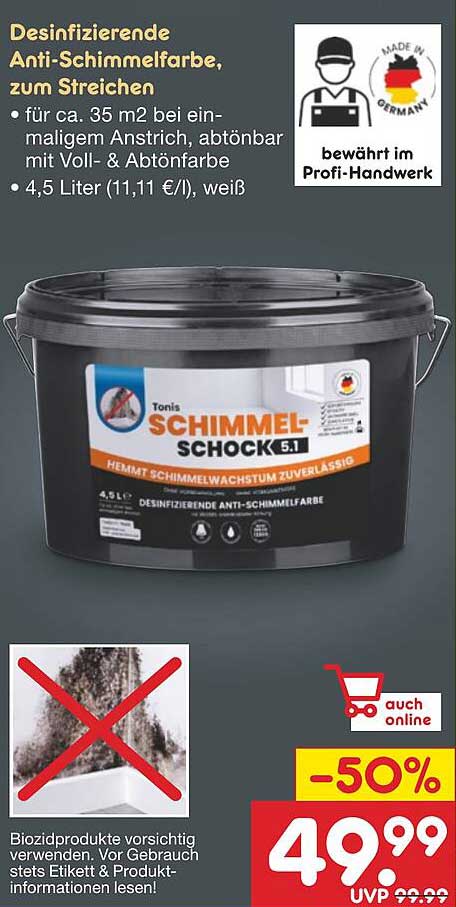 Tonis Schimmel-Schock 5.1 - Desinfizierende Anti-Schimmelfarbe, 4,5 Liter