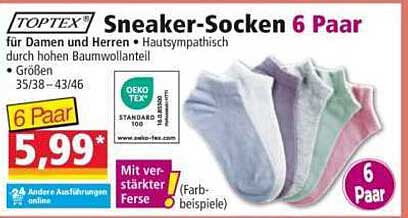 TOPTEX Sneaker-Socken 6 Paar für Damen und Herren - Hautsympathisch durch hohen Baumwollanteil