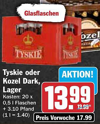 Tyskie oder Kozel Dark, Lager - Kasten mit 20 x 0,5 L Flaschen