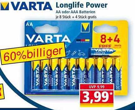 VARTA Longlife Power AA Batterien – 8 Stück + 4 Stück gratis