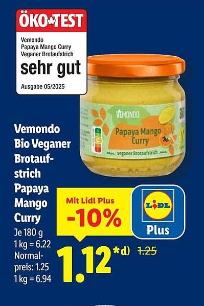 Vemondo Bio Veganer Brotaufstrich Papaya Mango Curry