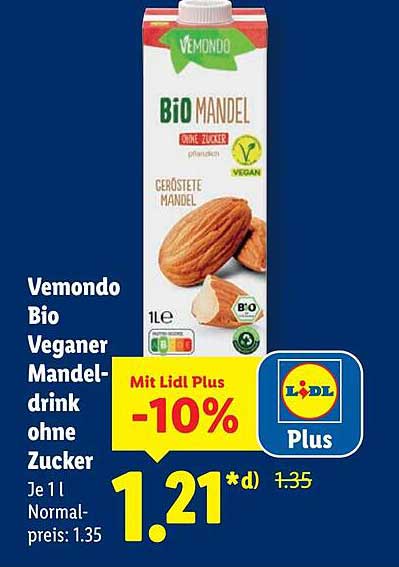 Vemondo Bio Veganer Mandeldrink ohne Zucker 1L