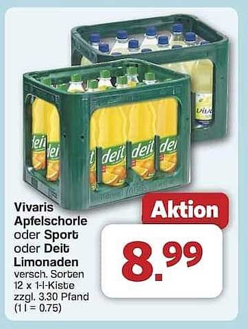 Vivaris Apfelschorle oder Sport- bzw. Deit Limonade 12 x 1-L Kiste