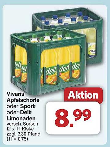 Vivaris Apfelschorle oder Sport oder Deit Limonaden 12 x 1-Liter-Kiste