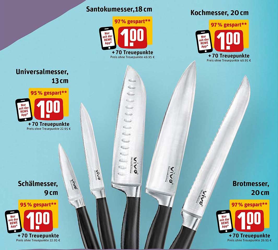 Vivo Küchenmesser Set - 18 cm Santokumesser, 20 cm Kochmesser, 13 cm Universalmesser, 9 cm Schälmesser, 20 cm Brotmesser