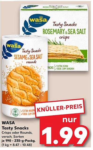 WASA Tasty Snacks Crisps oder Rounds, versch. Sorten je 190 - 235-g-Pack.