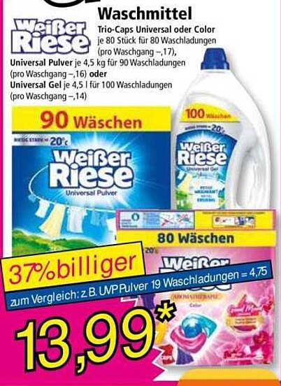 Waschmittel Weisser Riese - 90 Waschladungen für nur 13,99 € - 37% günstiger!