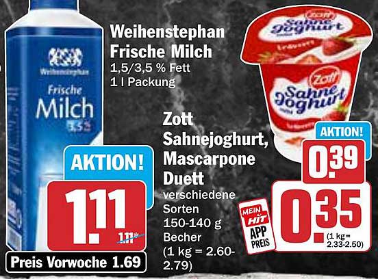 Weihenstephan Frische Milch 1,5/3,5 % Fett und Zott Sahnejoghurt, Mascarpone Duett