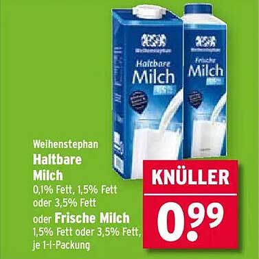 Weihenstephan Haltbare Milch 0,1% Fett, 1,5% Fett oder 3,5% Fett je 1-l-Packung