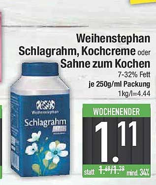Weihenstephan Schlagrahm, Kochcreme oder Sahne zum Kochen 250g