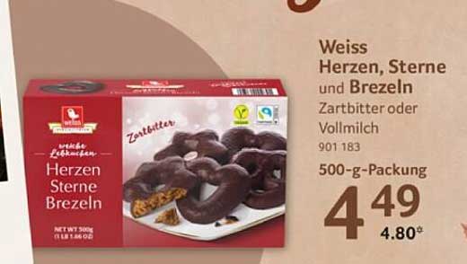 Weiss Herzen, Sterne und Brezeln - Zartbitter oder Vollmilch 500-g-Packung