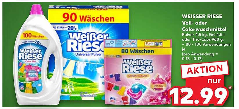 WEISSER RIESE Voll- oder Colorwaschmittel (Pulver 4,5 kg, Gel 4,5 l oder Trio-Caps 960 g)