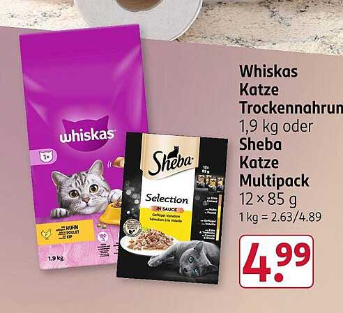 Whiskas Katze Trockenfutter 1,9 kg oder Sheba Katze Multipack 12 x 85 g