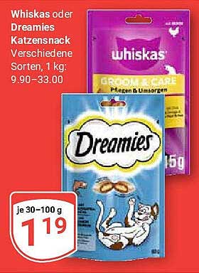 Whiskas oder Dreamies Katzensnack 30-100 g