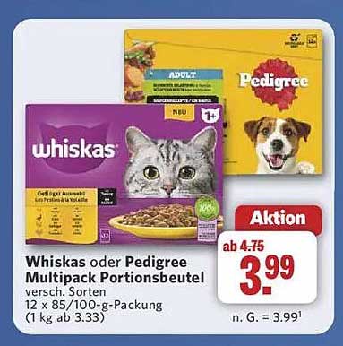 Whiskas oder Pedigree Multipack Portionsbeutel, verschiedene Sorten