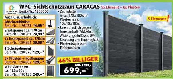 WPC-Sichtschutzzaun CARACAS - 5 Elemente + 6 Pfosten
